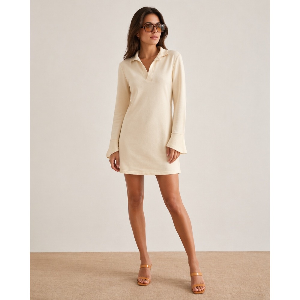 Djerf Avenue Getaway Dress Medium Cream‎ Organic Cotton Mini Long Sleeve Polo